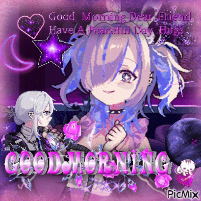 A Pixel Art Of A Girl With Purple Hair Says Good Morning Dear Friend GIF