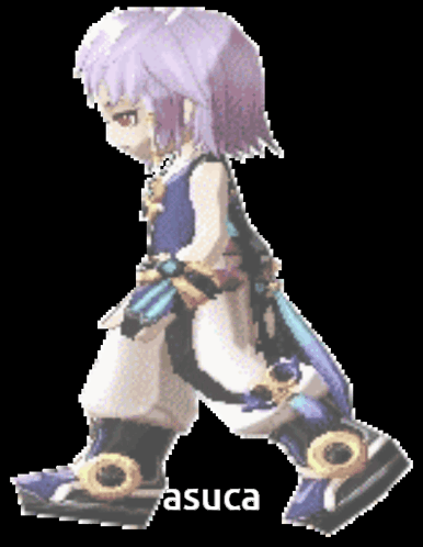 A Pixel Art Of A Girl With Purple Hair Walking With The Word Asuca Underneath Her GIF