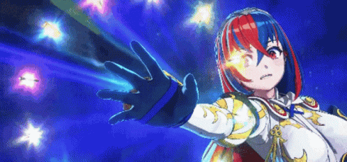 A Pixel Art Of A Girl With Red And Blue Hair Reaching Out Her Hand GIF