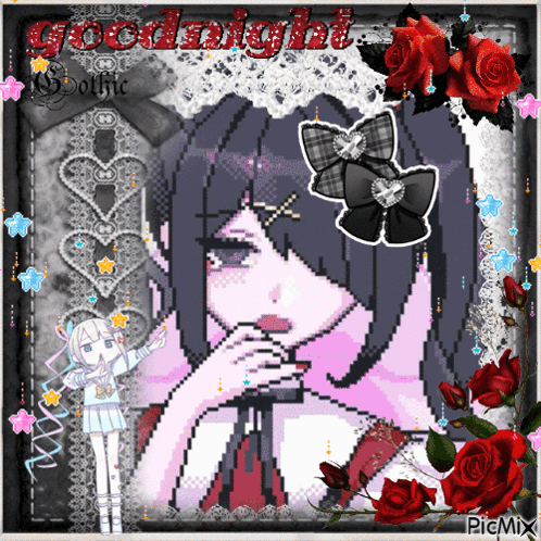 A Pixel Art Of A Girl With Roses And The Words Goodnight GIF