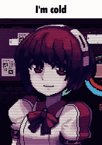 A Pixel Art Of A Girl With The Words " I 'M Cold " Above Her GIF