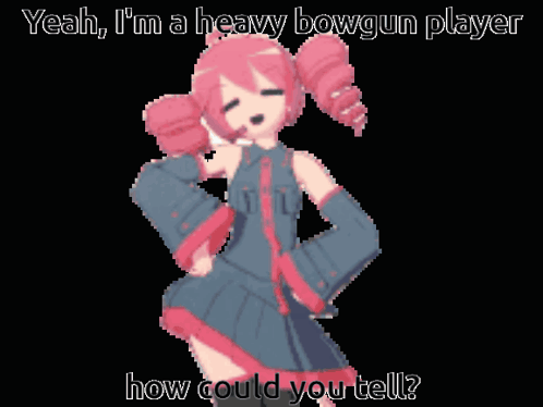 A Pixel Art Of A Girl With The Words Yeah I 'M A Heavy Bowgun Player How Could You Tell Below Her GIF