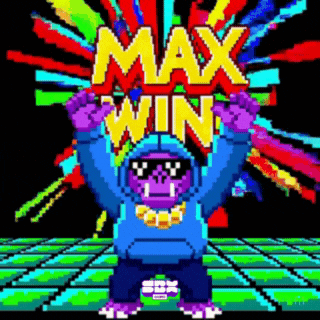 A Pixel Art Of A Gorilla Wearing Sunglasses And A Blue Hoodie With The Words Max Win Behind Him GIF