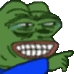 a pixel art of a green frog with a big smile and a blue shirt .