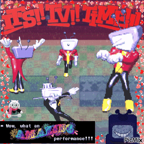 A Pixel Art Of A Group Of Cartoon Characters With The Words Wow What An Amazing Performance GIF