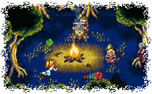A Pixel Art Of A Group Of People Sitting Around A Campfire GIF