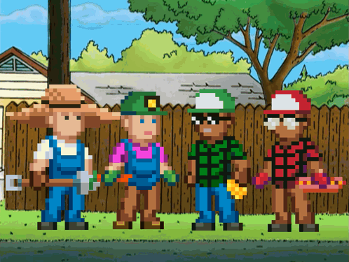 A Pixel Art Of A Group Of People Standing Next To A Fence GIF