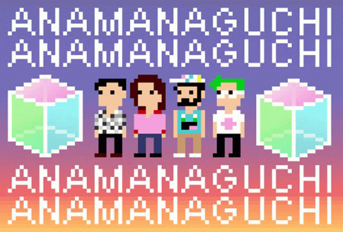 A Pixel Art Of A Group Of People Standing Next To Each Other With The Words " Anamanaguchi " Above Them GIF