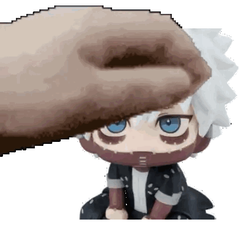 a pixel art of a hand touching a figurine of a character .