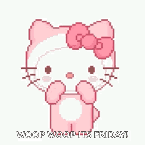 A Pixel Art Of A Hello Kitty With A Bow On Her Head And The Words `` Woop Woop Its Friday '' . GIF