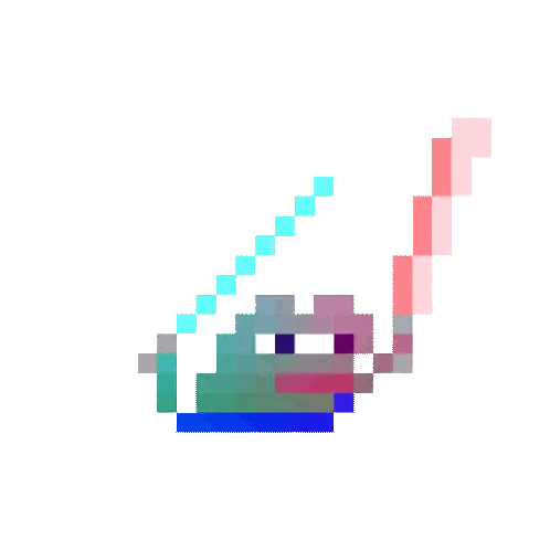 a pixel art of a hot air balloon with a blue and pink stripe
