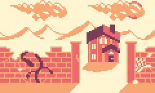 a pixel art of a house behind a brick fence