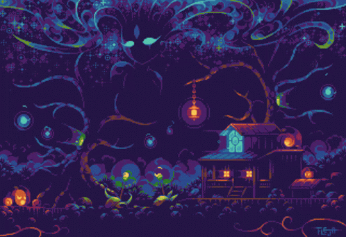A Pixel Art Of A House With A Lantern Hanging From The Roof GIF