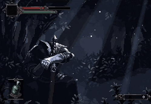 A Pixel Art Of A Knight In A Dark Forest GIF