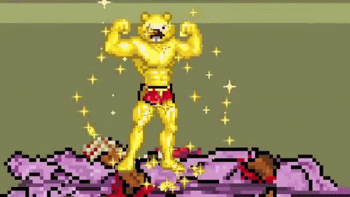 A Pixel Art Of A Lion Flexing His Muscles While Standing On Top Of A Purple Monster . GIF