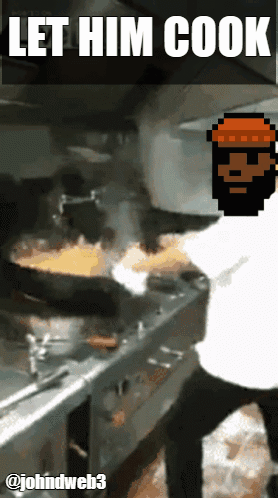 A Pixel Art Of A Man Cooking With The Words Let Him Cook Above Him GIF