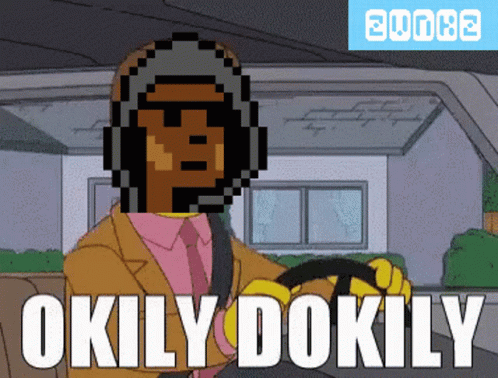 A Pixel Art Of A Man Driving A Car With The Words Okily Dokily Written On The Bottom GIF