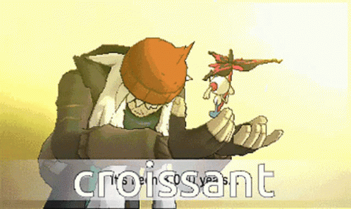 a pixel art of a man holding a croissant in his hand