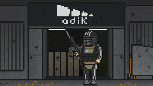 A Pixel Art Of A Man Holding A Gun In Front Of A Sign That Says Odik GIF