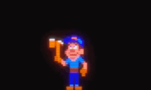 A Pixel Art Of A Man Holding A Hammer With The Words I Can Fix It Behind Him GIF