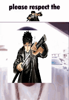 A Pixel Art Of A Man Holding A Sword With The Words " Please Respect The " Below Him GIF