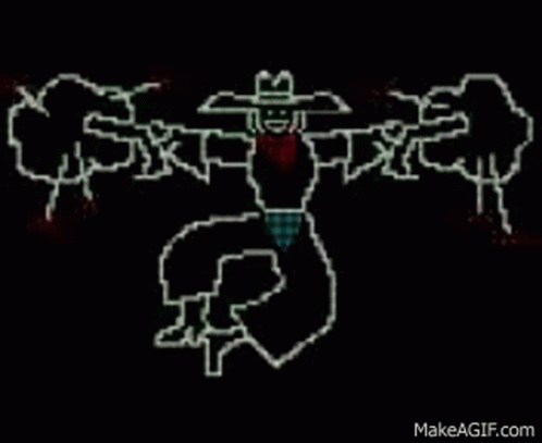 A Pixel Art Of A Man In A Cowboy Hat Holding A Gun And A Sword . GIF