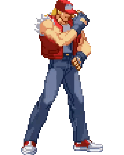 a pixel art of a man in a red hat and blue jeans is standing in a fighting pose .