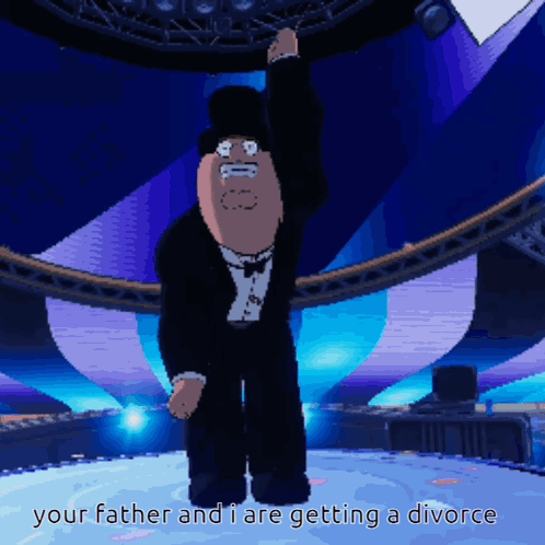 A Pixel Art Of A Man In A Tuxedo And Top Hat With The Caption Your Father And I Are Getting A Divorce GIF