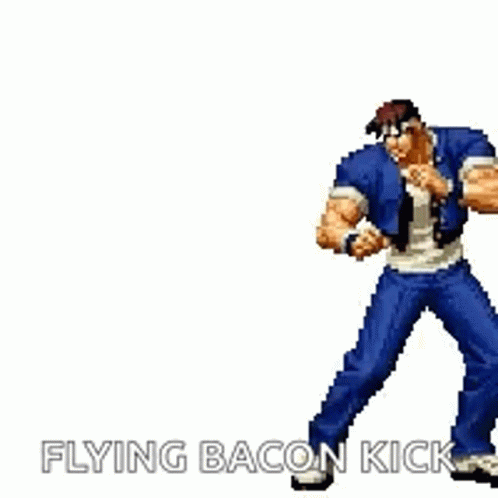 A Pixel Art Of A Man Jumping In The Air With The Words `` Flying Bacon Kick '' Above Him . GIF