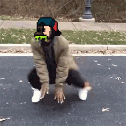 A Pixel Art Of A Man Squatting On The Side Of The Road . GIF