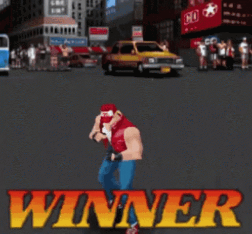 A Pixel Art Of A Man Standing In Front Of A Building That Says Winner On It GIF