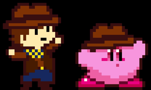 A Pixel Art Of A Man Standing Next To A Pink Kirby GIF