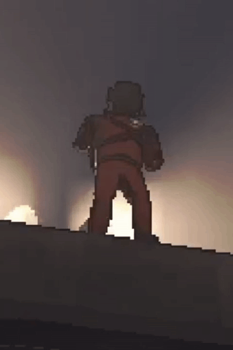 A Pixel Art Of A Man Standing On Top Of A Building With A Sunset In The Background . GIF