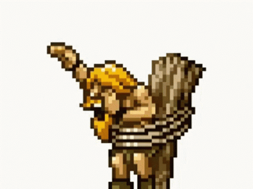 A Pixel Art Of A Man Tied Up With A Rope And Holding A Sword . GIF