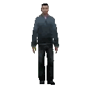 a pixel art of a man wearing a blue jacket and black jeans standing on a white background .