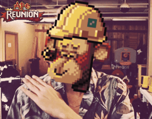 A Pixel Art Of A Man Wearing A Hard Hat With The Words Ate Reunion Above Him GIF