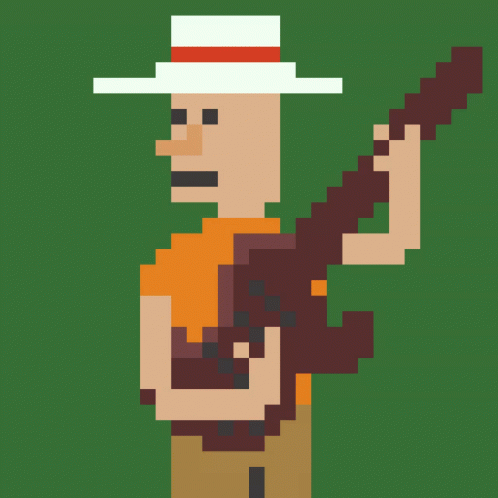 A Pixel Art Of A Man Wearing A Hat Holding A Guitar GIF