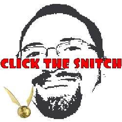 a pixel art of a man with a golden snitch on his head and the words click the snitch