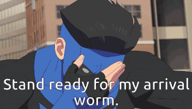 A Pixel Art Of A Man With Blue Hair And The Words " Stand Ready For My Arrival Worm " GIF