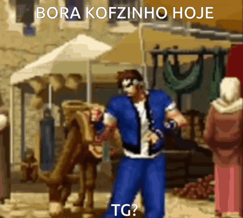 A Pixel Art Of A Man With The Words Bora Kofzinho Hoje Tg Written On The Bottom GIF