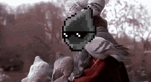 A Pixel Art Of A Person Holding A Pigeon With Sunglasses On Their Head GIF