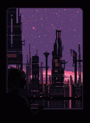 A Pixel Art Of A Person Looking Out A Window At Night GIF