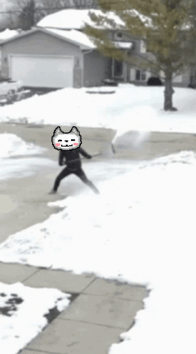 A Pixel Art Of A Person Shoveling Snow With A Cat Face GIF
