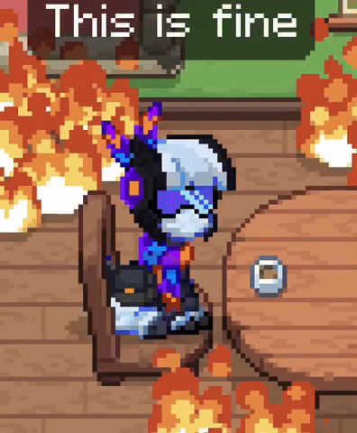 A Pixel Art Of A Person Sitting At A Table With A Sign That Says This Is Fine Behind Them GIF