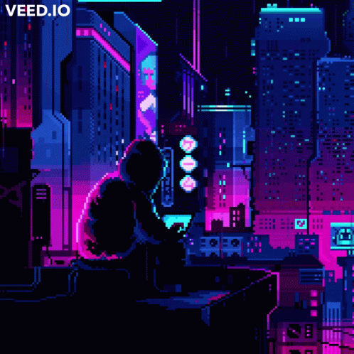 A Pixel Art Of A Person Sitting On Top Of A Building GIF