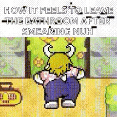 A Pixel Art Of A Person Standing In A Bathroom With The Words `` How It Feels To Leave The Bathroom After Smearing Nuh ' GIF
