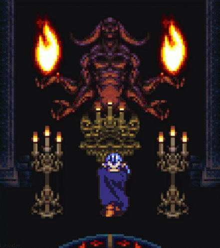 A Pixel Art Of A Person Standing In Front Of A Monster GIF