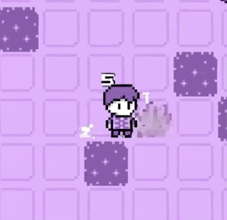 A Pixel Art Of A Person Standing Next To A Flower In A Purple Room . GIF