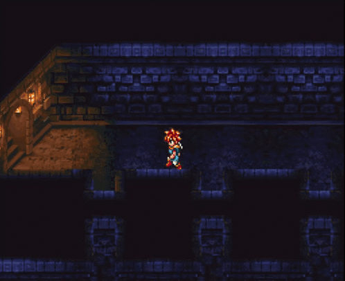 A Pixel Art Of A Person Standing On A Bridge With Mountains In The Background GIF