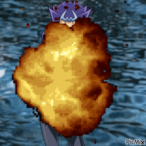 A Pixel Art Of A Person With A Large Explosion Behind Them With Picmix In The Bottom Right Corner GIF